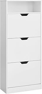 VASAGLE Shoe Cabinet 2 Flip Doors, 3 Tier Shoe Rack, with 1 Open Compartment, Adjustable and Removable Divider, for 11-16 Pairs Shoes, for Narrow Entrance, 24 x 80 x 102 cm, Cloud White LBC048W01