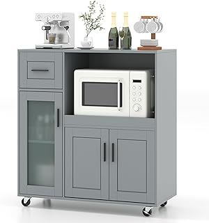 Kitchen Island on Wheels, Rolling Kitchen Storage Trolley with 2 Cabinets, Drawer, Cable Holes, Open & Adjustable Shelf, Utility Serving Cart Sideboard for Home Bar Dinning Living Room