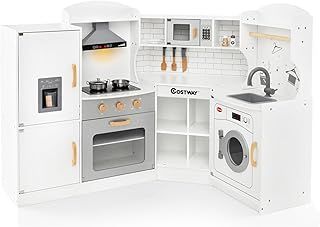 COSTWAY Kids Corner Play Kitchen, 9-in-1 Wooden Pretend Cooking Playset with Realistic Lights & Sounds, Accessory Utensils, Children's Chef Role Play Set for Boys Girls (White)