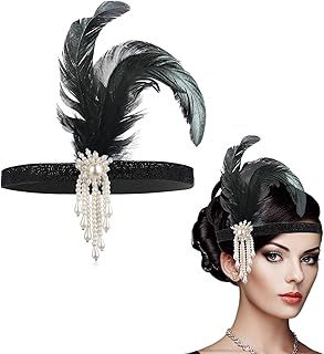 WLLHYF 1920s Flapper Headband, Feather Headwear Headpiece Black Head Wear 1920s Fashion Bling Rhinestone Hair Accessories for Women Girls Gatsby Themes Costume Prom Party Decoration (White Beads)