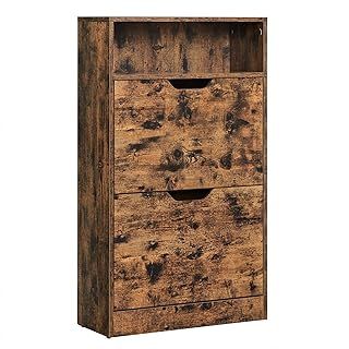 VASAGLE Shoe Cabinet 2 Flip Doors, 3 Tier Shoe Rack, with 1 Open Compartment, Adjustable and Removable Divider, for 8-12 Pairs Shoes, for Narrow Entrance, 24 x 60 x 102 cm, Rustic Brown LBC040X01