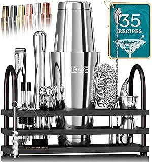 Cocktail Making Kit | 14-Piece Bartender Kit Cocktail Shaker Set Maker | Display Stand & 35 Recipe Cards | Mixology Cocktail Gift Set (800ml/28oz Boston Shaker, Silver/Black)