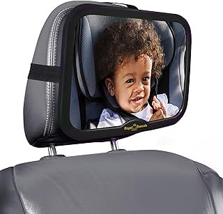 Baby Car Mirror for Back Seat, Shatterproof Car Mirror Baby Rear View w/360° Rotation, Adjustable Straps & Sturdy Mount, Essentials for Newborn Safety w/Babies on Board Sign, Black