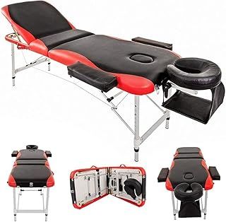 Portable Massage Bed Table, Couch Bed Aluminium Deluxe Lightweight Professional Beauty Tattoo Spa Reiki Folded 3 Section with PU Leather and Density Headrest Arm support,with Carry Bag (Red)