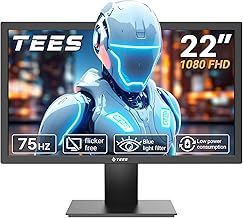 Tees 21.5 inch FHD Monitor, 75Hz 5ms NTSC 72% Desktop Display, Business ComputerMonitor HDMI VGA Free Flicker Blue Light Filter, Screen for PC Home Office Black