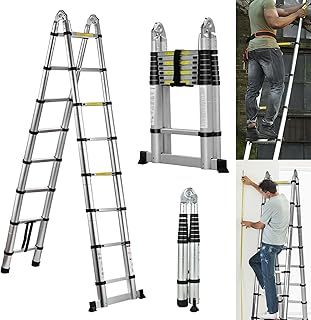 5M Telescopic Straight Ladder A-Frame Sturdy Aluminum Folding Ladder 16.5ft 2-IN-1 Extension Ladder with Support Bar 330lb Max Load for Household Outdoor Work