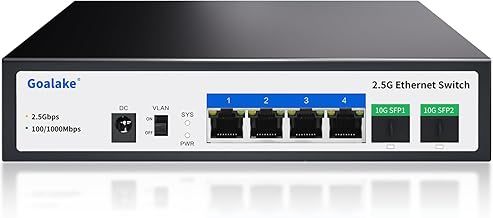 Goalake Umanaged 4 Port 2.5G Switch, 4 x 2.5G Base-T Ports, 2 x 10G SFP+, 60Gbps Switching Capacity, Metal, Fanless, 2.5G Multi-Gigabit Desktop Switch for Wireless AP, NAS, PC, Wall Mount. Plug & Play