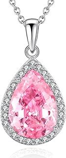 VONSSY Classic Oval Pendant Gemstone Necklace | Crystal Ruby Waterdrop Birthstone Teardrop Emerald Sapphire Necklace | 18K Platinum Plated Chain | Meaningful Silver Jewelry Gift for Mother Wife