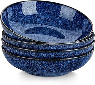 vancasso Stern 38 oz Ceramic Pasta Bowl Set of 4, Large Salad Bowls for Serving, Microwave Oven Safe Soup Bowls for Kitchen, Blue Stoneware Bowl Set