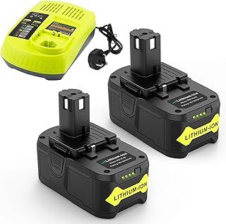 RB18L50 18V 5Ah Battery for Ryobi One+, 2 Packs Li-ion Battery Replacement with 12V-18V Charger for Ryobi P117 Compatible with Ryobi One Plus Cordless Tools Lawnmower Grass Trimmer Chain Saw