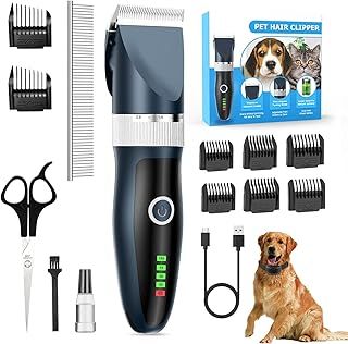 ETROBOT Dog Clippers, Dog Grooming Kit Clippers, Rechargeable Cordless Pet Clippers LED Display, Low Noise Electric Pet Clippers Professional for Thick Hair with 8 Combs for Dogs Cats