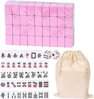 Chinese Mahjong Game Set Full Size, Chinese Traditional Board Game With146 Melamine Resin Mahjong Tiles and Large Storage Bag, Portable Table Games for Family Leisure Time -Pink