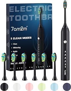 7AM2M Sonic Electric Toothbrush for Adults and Kids with 6 Brush Heads, 5 Modes with 2 Minutes Build in Smart Timer, One Charge Use for 90 Days, Rechargeable Toothbrushes (Black)