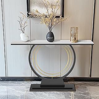 FEFE 120cm Wide Narrow Slim Marble Effect Sintered Stone Metal Half Moon Base Console Sofa End Table Hallway Home Furniture (White/Black)