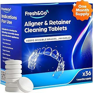 Fresh & Go® Retainer Cleaning Tablets | Fresh, Mint, Clean, Brite, Stain-Free | Eliminates Odour | Suitable for Dentures, Mouth Guards, Retainers, Aligners | 1 Month Supply | 36 Tablets