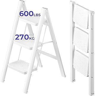 3 Step Ladder 270 KG Load Capacity Folding Step With Anti Slip Wide Treads, Lightweight Folding Ladder, Portable Foldable Stool, Multifunctional Small Step Ladder for Indoor/Outdoor, Red