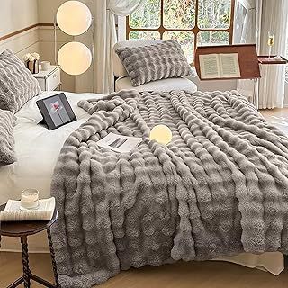 Faux Rabbit Fur Luxury Plush Sherpa Throw Blanket Reversible Fuzzy Warm Cozy Fluffy Fur Blanket for Bed Sofa Couch Home Decor(Grey,130 * 150cm)