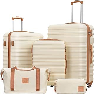 COOLIFE Suitcase Trolley Carry On Hand Cabin Luggage Hard Shell Travel Bag Lightweight with TSA Lock,The Suitcase Included 1pcs Travel Bag and 1pcs Toiletry Bag (White/Brown, 5 Piece Set)