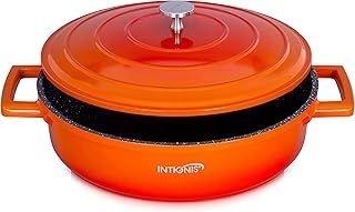 Non-Stick Shallow Casserole Dishes with Lids Oven Proof -28cm -4.1L Cast Aluminium Oven Dish, Stainless Steel Base - Induction - Lighter than cast Iron casserole dish with lid (Orange)