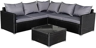 Panana Rattan Furniture Set 5 Seater Lounge Corner Sofa Set with Table Stool and Cover Garden Patio Conservatory Outdoor (Black Wicker with Beige Cushions)