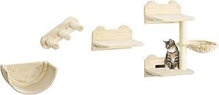 PawHut 4PCs Wall Mounted Cat Tree Cat Wall Shelves Furniture Climbing Shelf Set Kitten Activity Centre with Hammock, Scratching Post - Beige