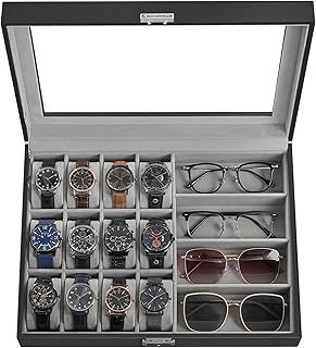 SONGMICS Watch Box, 16-Slot Watch Case, Lockable Watch Storage Box with Glass Lid, Gift Idea, Ink Black Synthetic Leather, Dove Gray Lining JWB112G01