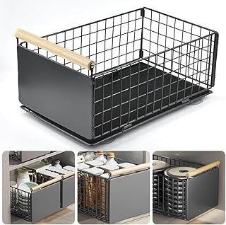 Pull Out Cabinet Organizer, Heavy Duty Pull Out Shelf Kitchen Storage Drawer with Wooden handles, Heavy Duty Extendable Sliding Drawer with Adhesive Nano Film No Drill (39.5*23.5*19.5cm-grey)