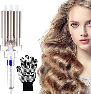 3 Barrel Curling Iron Wand Hair Waver with LCD 16 Temperature Control Display, Ceramic Tourmaline Crimper Hair Iron with Glove, Dual Voltage for All Hair Types Crimper Beach Waving Styling