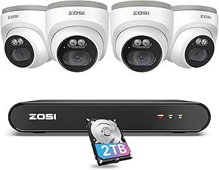 ZOSI 8CH 5MP PoE CCTV Camera System, 2.5K 8 Channel H.265+ PoE NVR and 4X 4MP Outdoor PoE Security Cameras, Human Detection, Remote Access, Built-in 2TB HDD, 24/7 Recording