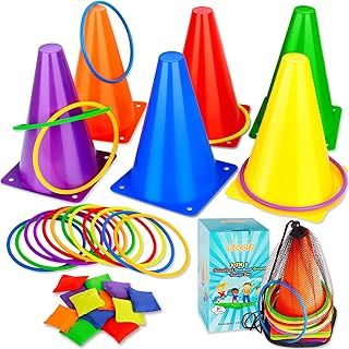 Eocolz 3 in 1 Carnival Games Set, Soft Plastic Cones Bean Bags Ring Toss Games for Kids Birthday Party Outdoor Games Supplies 32 Pcs Combo Set