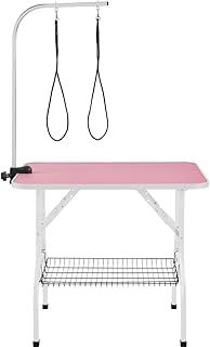 Foldable Pet Dog Grooming Table with Basket Adjustable Arm Double Tether Salon Table for Small Medium Dogs/Cats 160cm High Pink