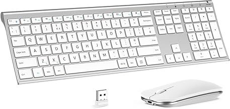 Rechargeable Wireless Keyboard and Mouse Set, seenda Ultra Slim Silent USB keyboard Mouse, Full Size Keyboard with Number Pad QWERTY UK Layout for Windows PC Laptop Desktop Computer, Silver White