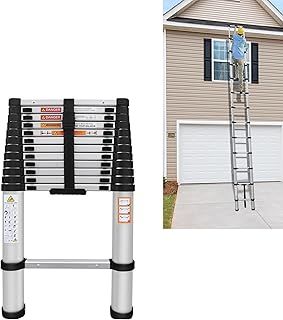 5M Aluminium Telescopic Ladders 12 Steps Extending Ladder Straight Ladders for Multi-Purpose Indoor Outdoor Roof Work Decoration Builder Supply 150KG Capacity