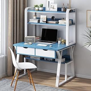 Wooden Pink/White Free Standing Study Table Desk With Shelves & Drawers For Kids Children Girls Home (Blue/White)