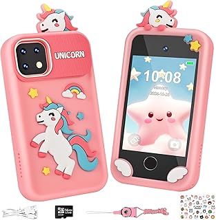 Kids Smart Phone for Girls, Christmas & Birthday Gift for 3-8 Years Old, 2.8 Inch Touchscreen Learning Toy with Dual Camera, 16GB Card & Holographic Projection