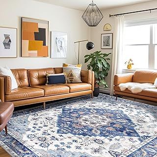 Vamcheer Vintage Washable Rugs for Living Room - Classic Soft Faux Short Pile Area Rugs for Bedroom Dining Room Traditional Carpet for Office Kitchen Non Slip Non Shedding Blue Rug, 120x170CM