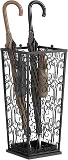 AcornFort U-02 LARGE SIZE Black Metal Classical Walking Stick Holder Umbrella Stand Home Office Hallway Storage With 4 Top Knob Hooks and One Bottom Rainwater Leaking Tray 56 * 25 * 25 CM