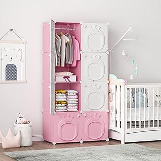 MAGINELS Kids Wardrobe, Baby Girls Closet Armoires Organizer with Door. Open Hanging Children Costume Area and 6 Cube Storage. Pink (28x14x56inch)