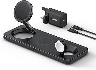 Anker MagGo Foldable 3-in-1 Wireless Charging Station, MagSafe Charger Compatible, Qi2 Certified 15W Ultra-Fast Charger, For iPhone 16 Series, AirPods, Apple Watch Ultra (Charger and Cable Included)