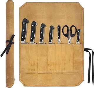 Chefs Knife Roll Bag 7 Slots Waxed Canvas Chef Knife Roll Bag, Portable Knife Case Suitable for Chefs Cooks BBQ Hiking Camping（Khaki）