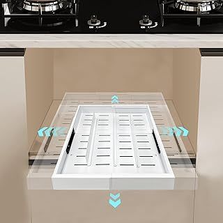 2 Pack Pull Out Cabinet Organiser，Expandable Slide Out Drawer Adjustable Width （11.81" - 19.68"） Deep （16.3" - 21.73"） for Kitchen Cabinets，No Drilling and Nailing（White