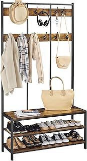 Yaheetech Large Coat Rack Stand, Hall Tree with 24 Hooks and Shoe Bench, 3-in-1 Design,Free Standing Clothes Hat Rack with Metal Frame for Hallway Entryway Living Room, Rustic Brown and Black