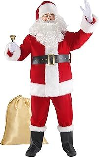 Christmas Santa Claus Costume for Men Adult 11 Pcs Deluxe Suit Outfit Xmas Santa Holiday Party Cosplay