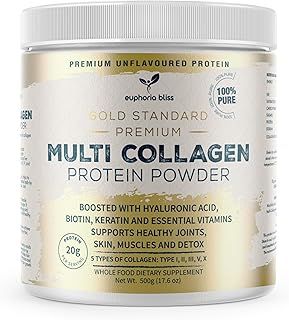 Multi Collagen Protein Powder with Hyaluronic Acid, Biotin, Keratin & Vitamin C for Women & Men | Unflavoured | Types I, II, III, V & X, Bovine | Fish | Chicken & Eggshell | Halal 500G