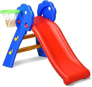 COSTWAY Folding First Slide for Kids | Toddlers | Children, Foldable for Easy Storage, Primary Climb Toy, Safety Plastic, Use for Indoor Outdoor Garden Playground (Slide with Basketball Hoop)
