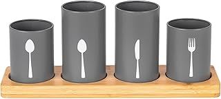 Innoteck Essentials 4pc Kitchen Cutlery Holder Set - Modern Farmhouse Kitchen Décor - Natural Bamboo - Matt Grey Utensil Crock - Vintage Organizer - Countertop Storage