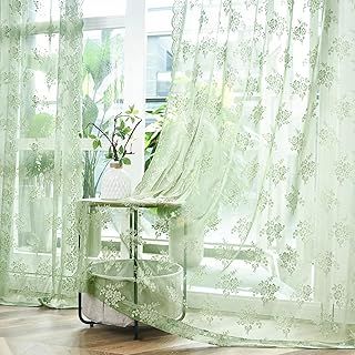 Kotile Lace Curtains for Windows 72 Drop 2 Panels Country Rustic Floral Embroidered Scalloped Edges Ivory Sheer Voile Curtains for Bedroom, Rod Pocket Privacy Vintage Lace Net Curtains, 52 x 72 Inch
