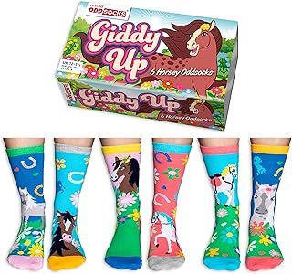 United Oddsocks Giddy Up - Box of 6 Horsey Calf Socks for Girls UK 12-5.5 (EUR 30.5-38.5) Fun and Quirky Gift for Horse Lovers