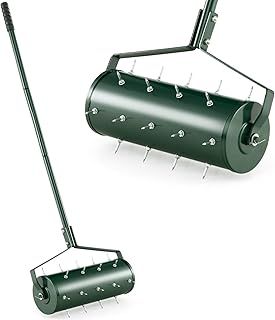 COSTWAY Garden Rolling Lawn Aerator, 45cm/53cm Manual Grass Spikes Roller with 130cm Detachable Handle, Heavy Duty Steel Rotary Push Pull Tine Garden Lawn Tool (45cm x 130cm(L x H))