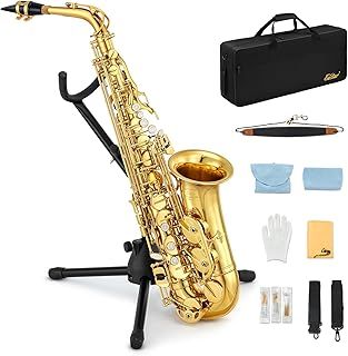 Eastar AS-Ⅱ Student Alto Saxophone E Flat Beginner Sax Full Kit, Carrying Case, Mouthpiece, Straps, Reeds, Stand, Golden Lacquer